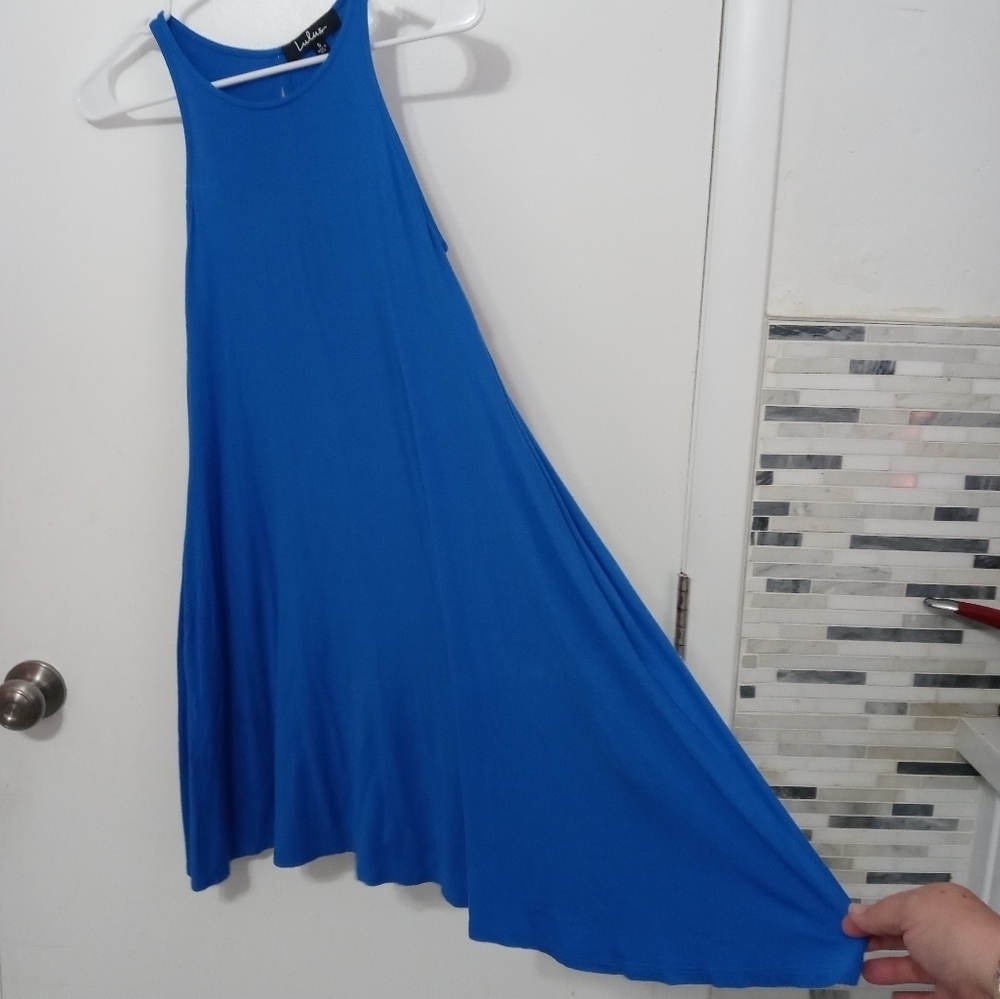 Lulu's Royal Blue Fit And Flare Stretch Sleeveless T Shirt Dress w pockets SM